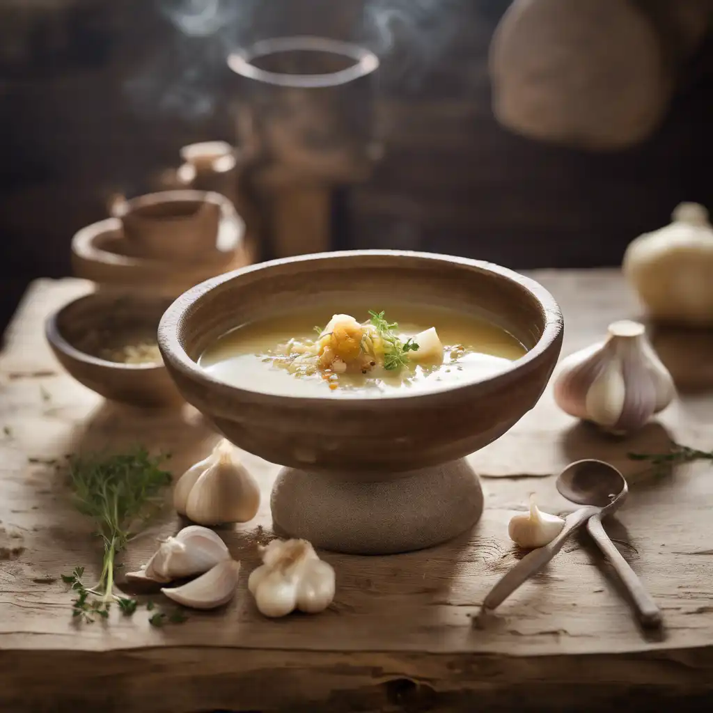 Pedestrian's Garlic Soup, served with clay bowl and wooden spoon