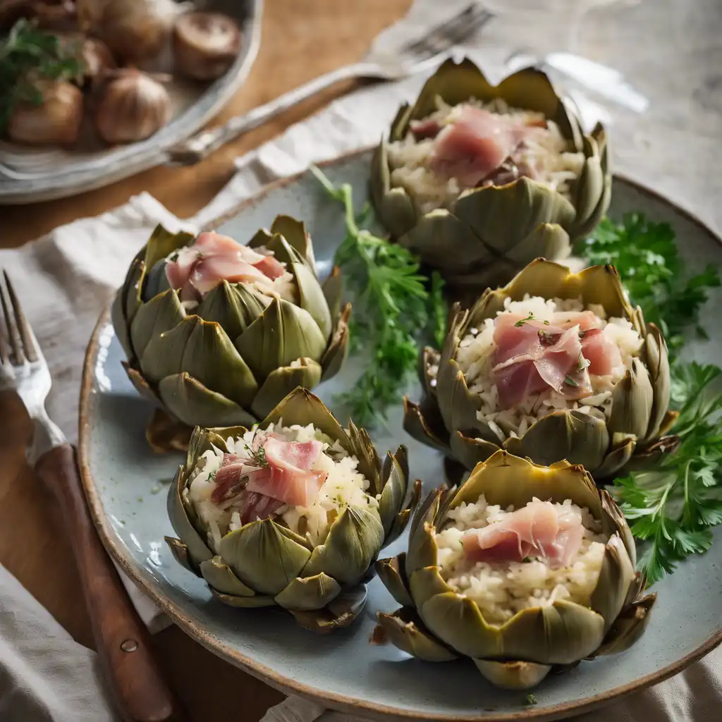 Stuffed Artichokes with Rice and Prosciutto