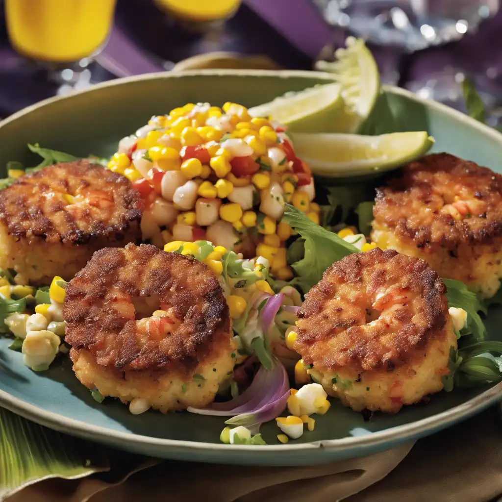 Surf and Turf Shrimp Cakes with Corn-Of-The-Cob Salad