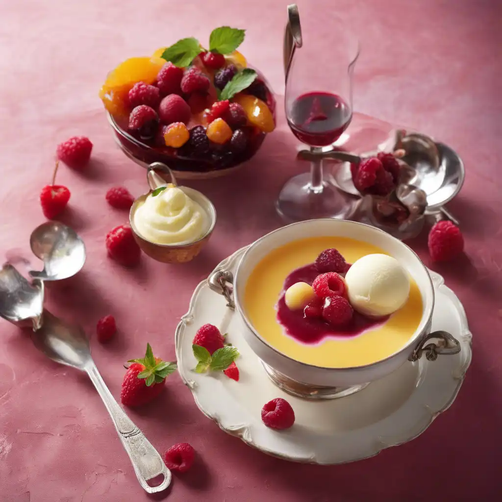 Foto de Sopa quente de frutas vermelhas ao perfume de licor de framboesa e sorvete de baunilha