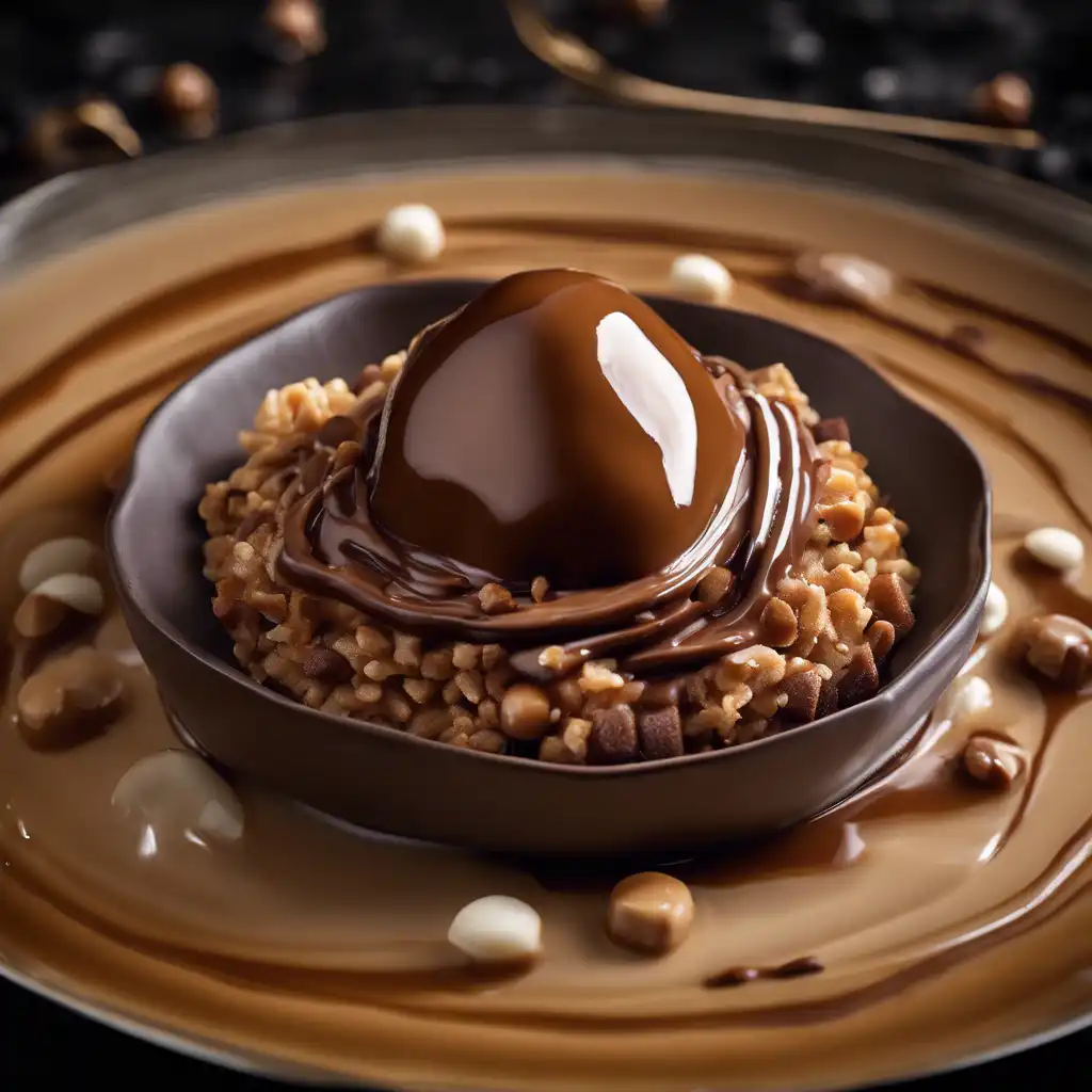 Rice Cereal Praline with Chocolate Mousse and Caramel Sauce