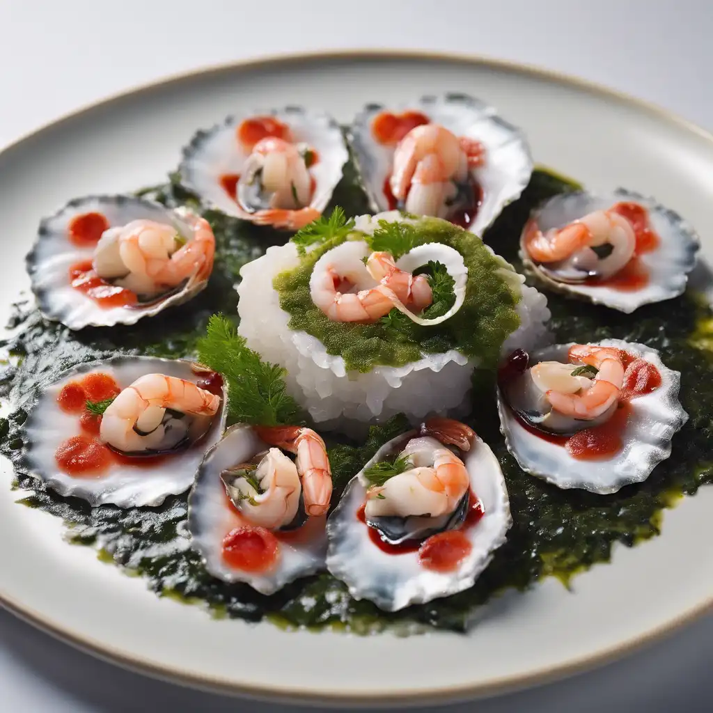 Pupunha Carpaccio with Uruçu Oysters, Shrimp, and Seaweed