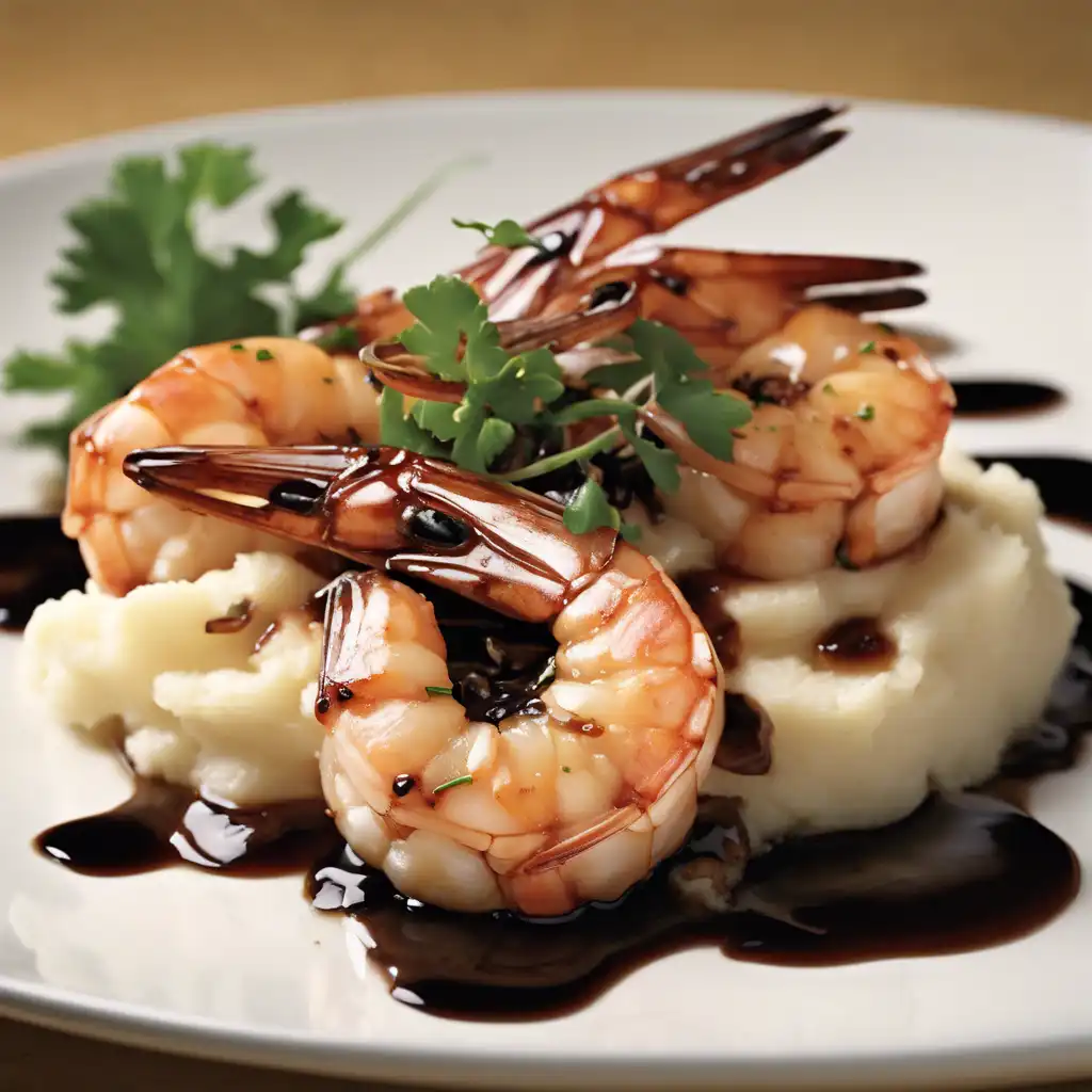 Grilled Shrimp with Mashed Potatoes and Shallots in Balsamic Glaze