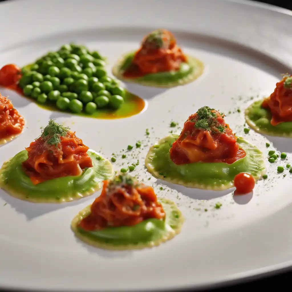 Pea and Tomato Ravioli with Red Pepper Coulis and Clam Ragù