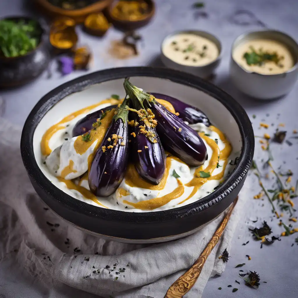 Roasted Eggplant with Spicy Yogurt Sauce (Brinjal Dahi)