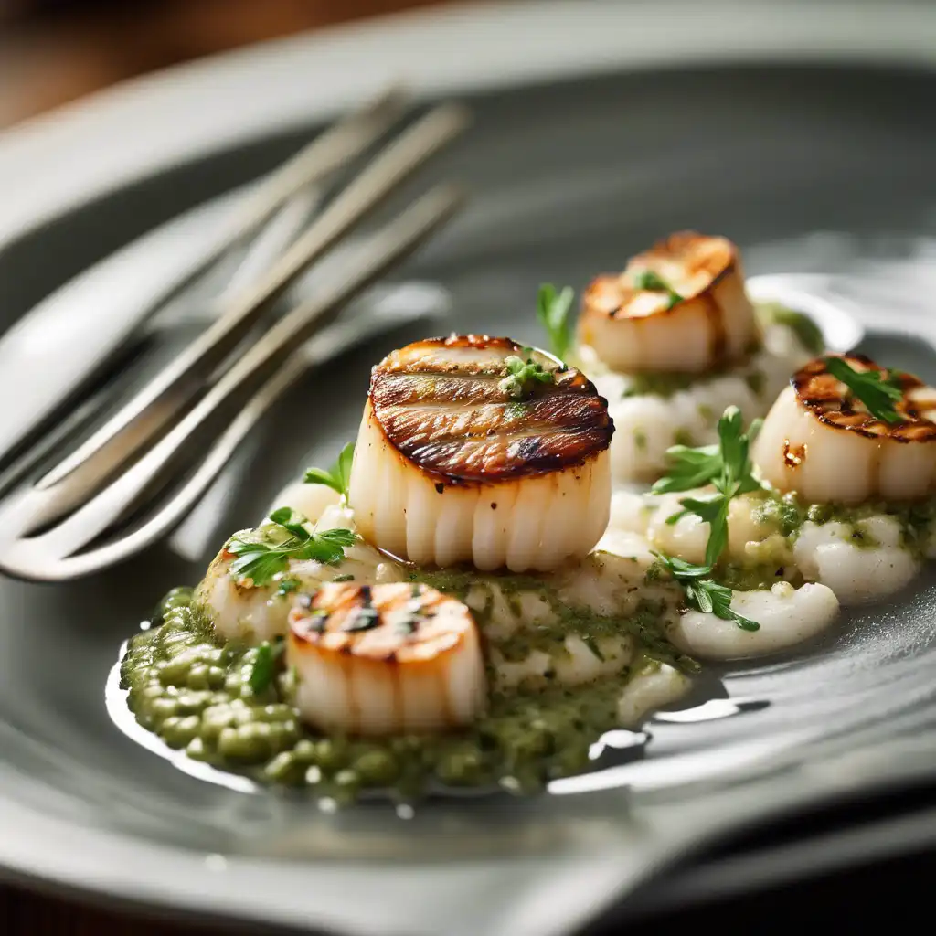 Grilled Scallops with Garlic-Poró and Light Pesto