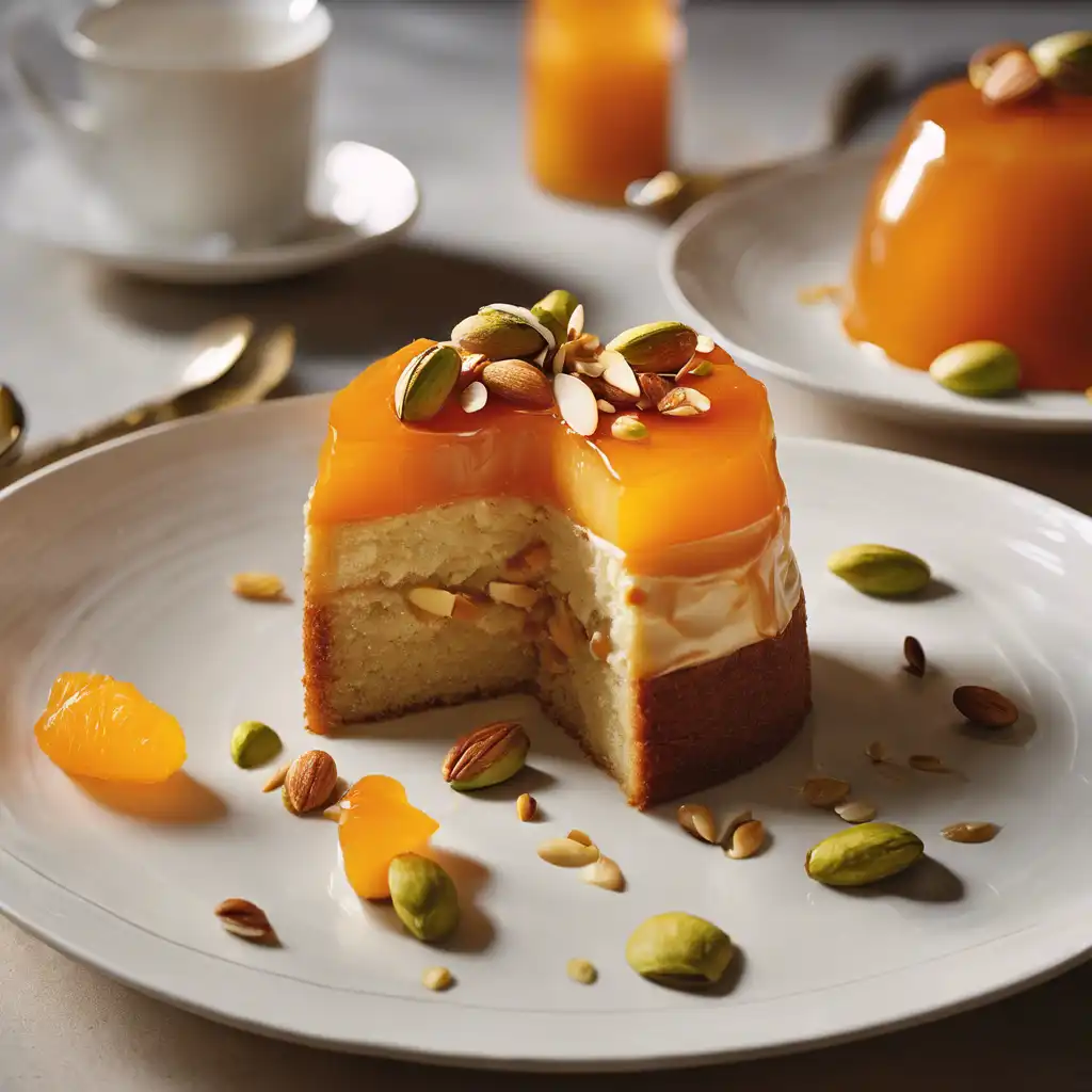 Foto de Torta de pêra, gengibre, pistache e calda de mexerica, acompanhada de creme com mel e amêndoas
