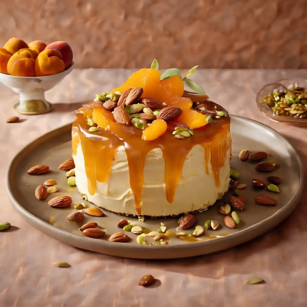 Peach, Ginger, Pistachio, and Orange Marmalade Cake with Caramel Cream, served with Whipped Cream and Toasted Sweet Almonds