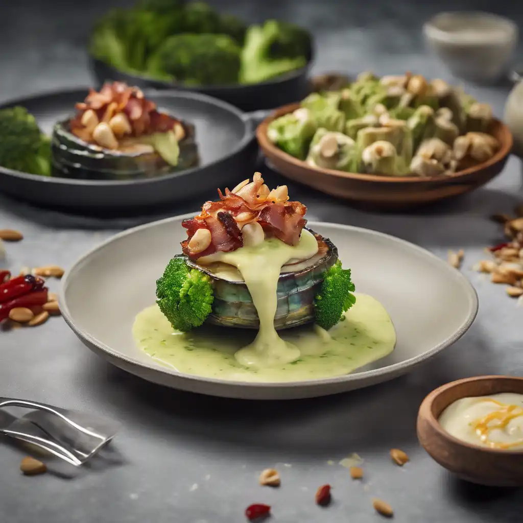 Bacon-Wrapped Stuffed Abalone with Broccoli Cream Sauce