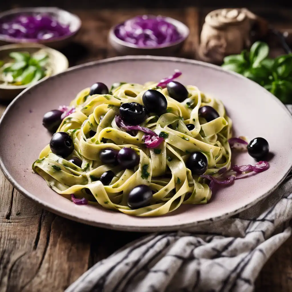 Pesto Tagliatelle with Black Olives and Red Onion