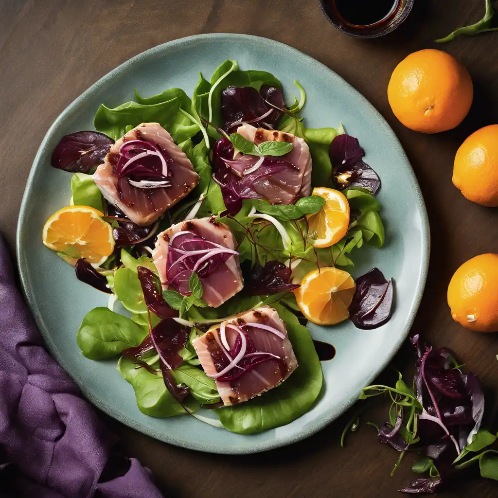 Tuna Medallions with Green Salad, Tangerine, and Balsamic Reduction with Mint