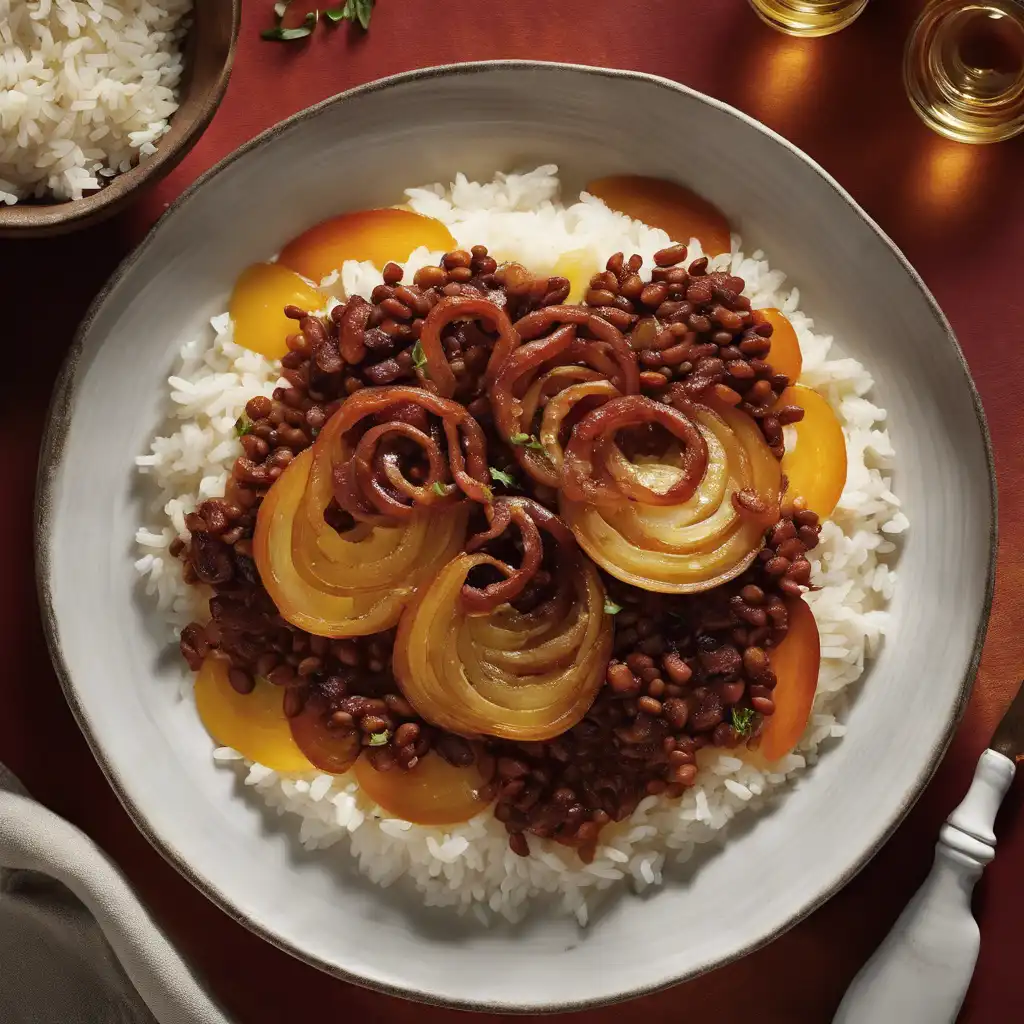 Rice with Lentil, Fried Onion, and Portuguese Linguiça