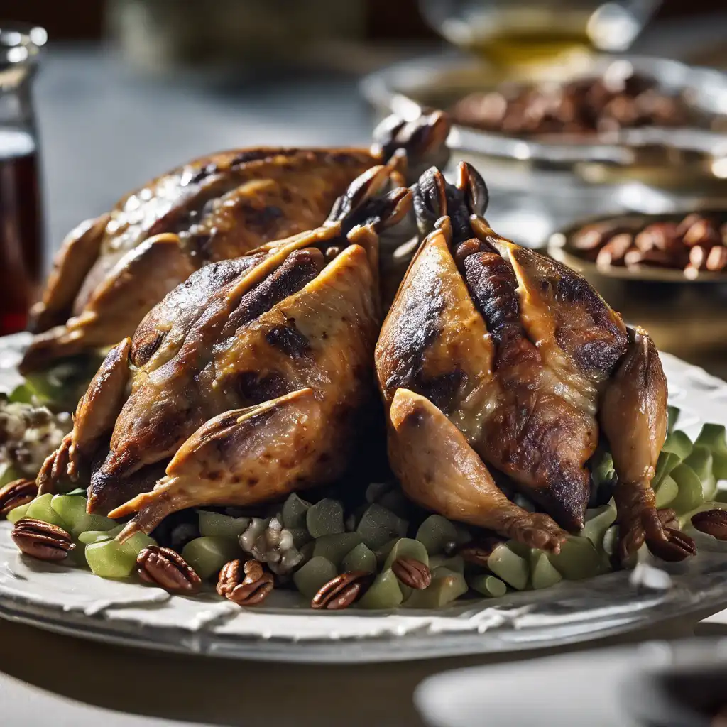 Pecan Stuffed Quails with Olive Oil, Butter, and Raisins