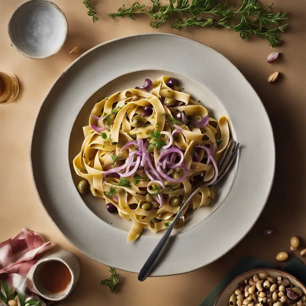 Tagliatelle with Green Olives, Red Onion, and Pine Nuts