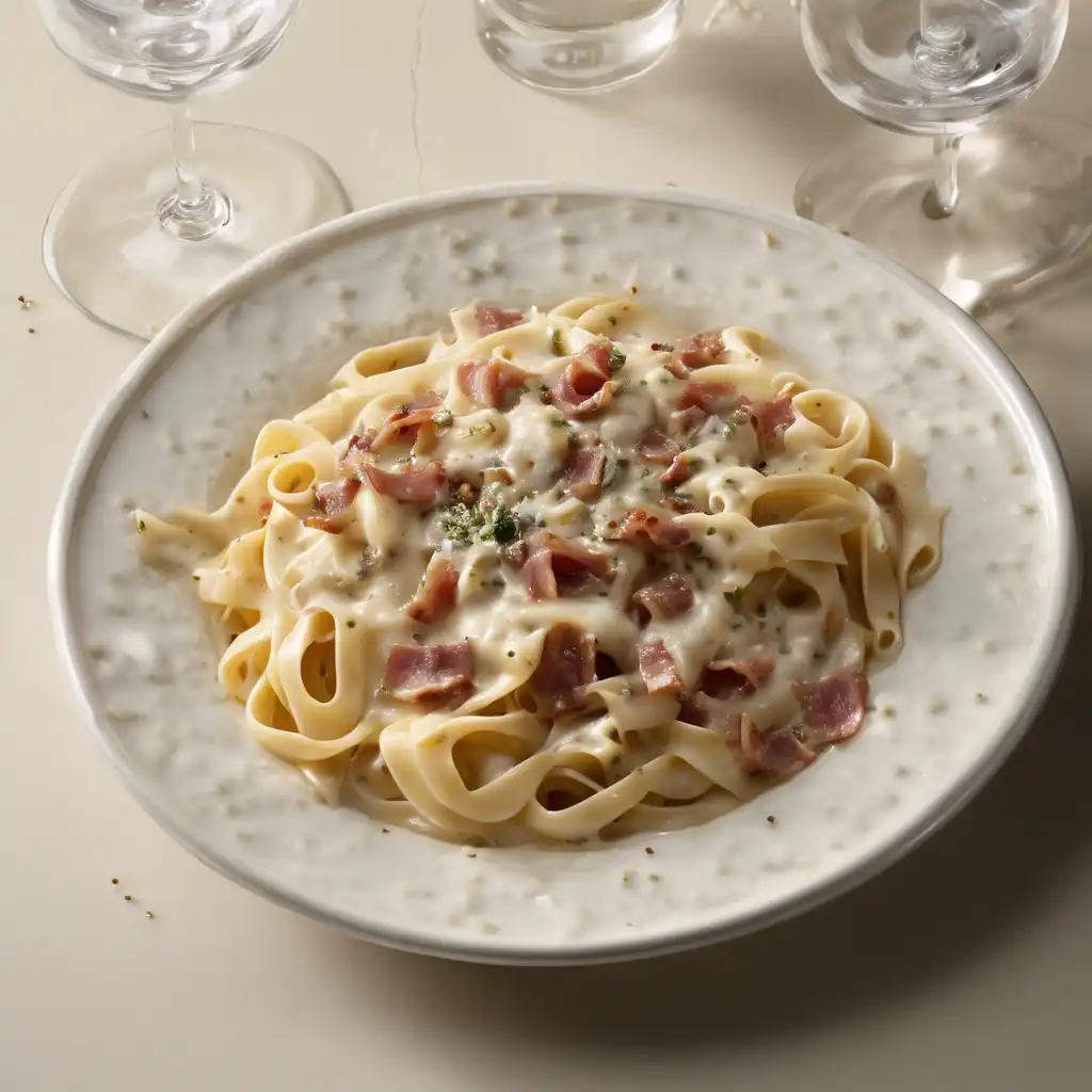 Handmade pasta dough in gorgonzola and pancetta fondue (giratini in gorgonzola and pancetta fondue)