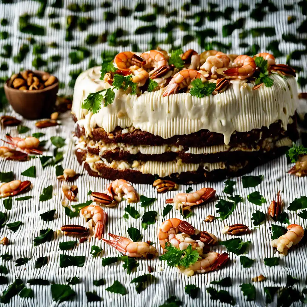 Pecan Cake with Prawn and Cashew Cream