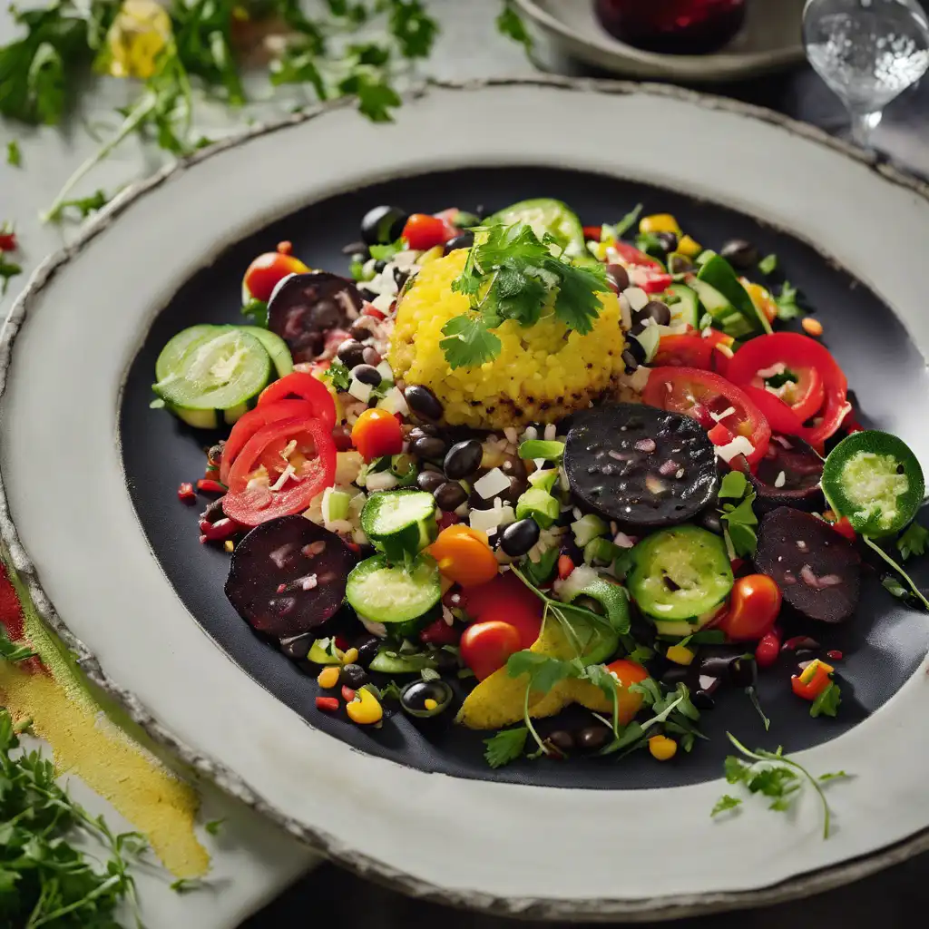 Black Bean Salad with Carpaccio and Rice Fritters