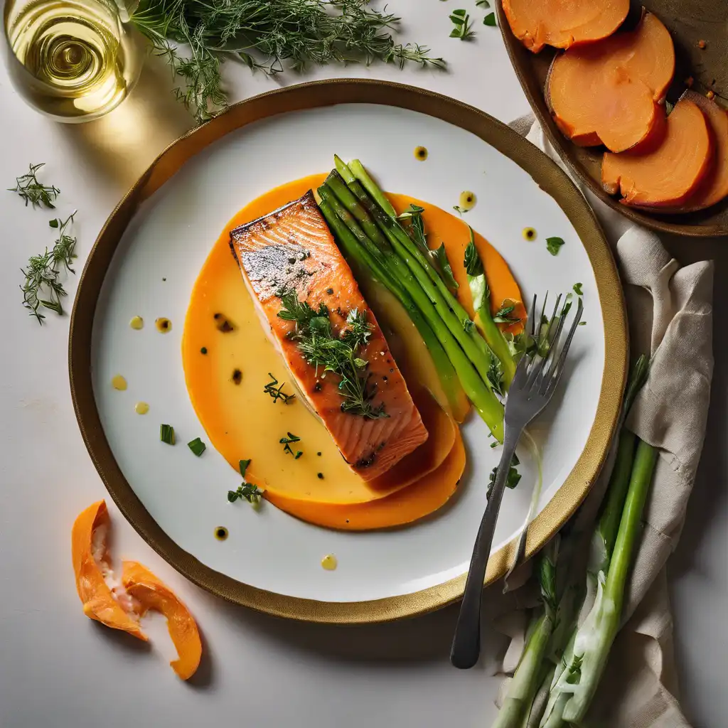 Grilled Salmon with Leek and Sweet Potato Bed