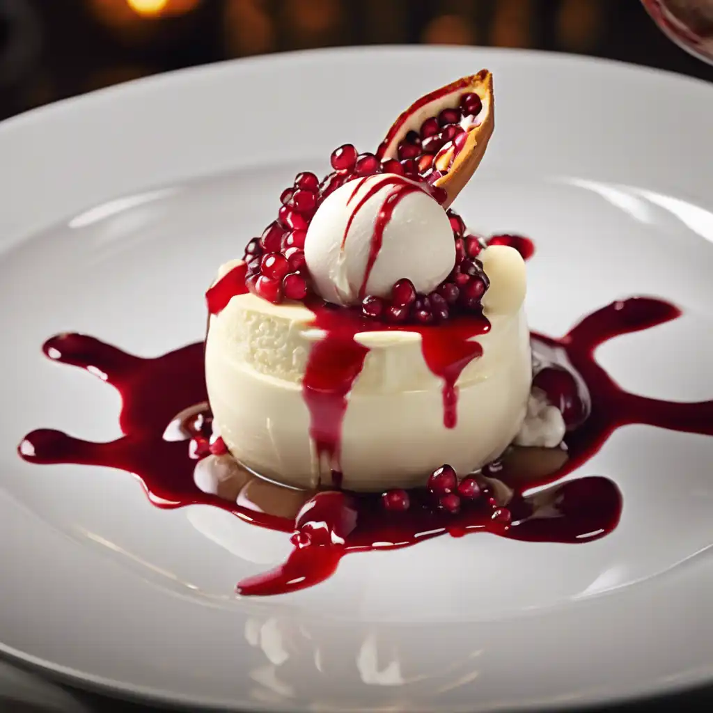 White Chocolate Mousse with Pomegranate Syrup and Ice Cream