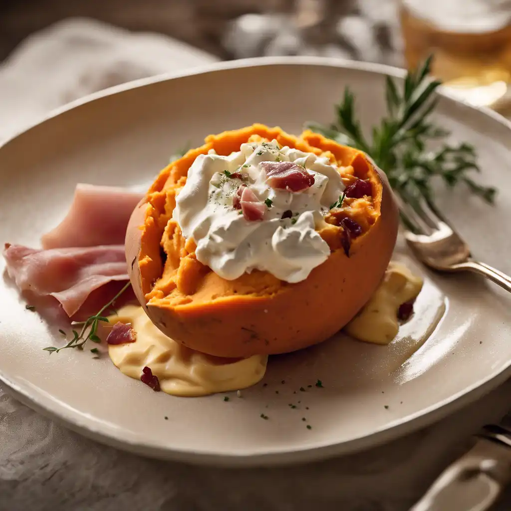 Mashed Sweet Potato with Cream Cheese and Prosciutto