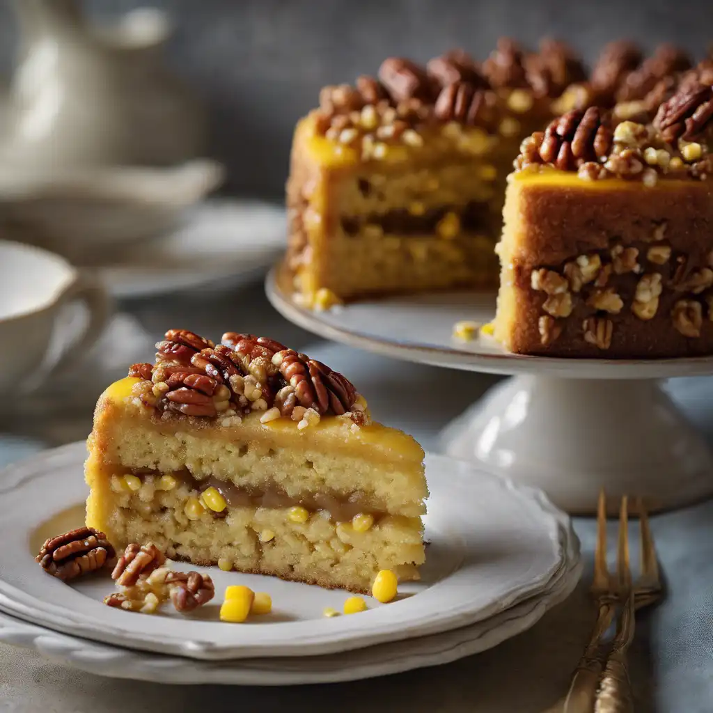 Corn Cake with Walnut Filling and Pecan Topping