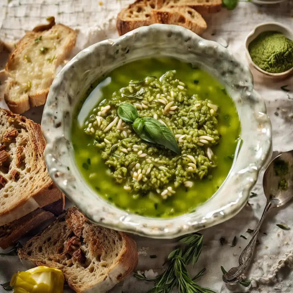 Risoni Soup with Cinnamon and Toasted Bread with Pesto