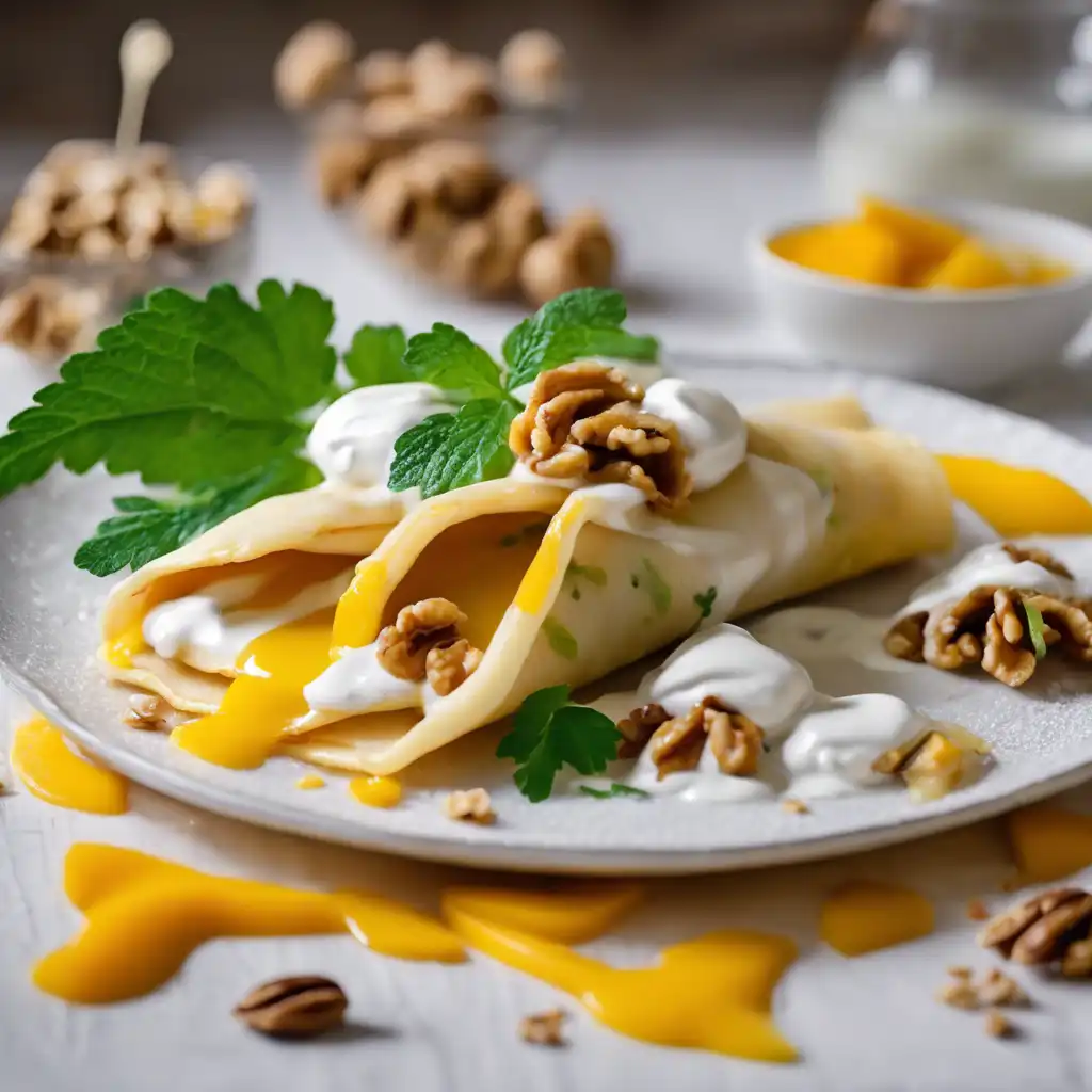 Mango Filling Crepes with Yogurt Sauce