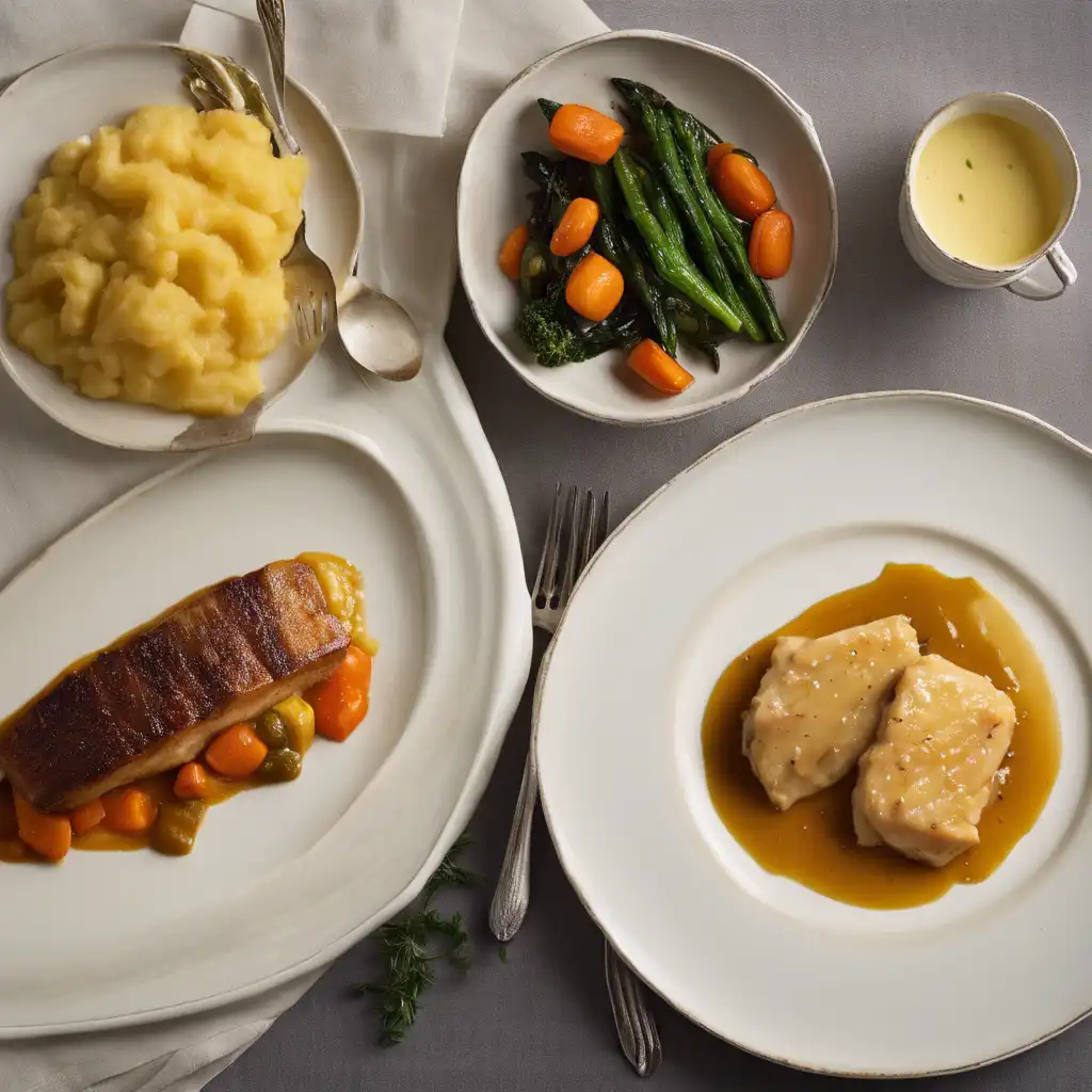 Linguado au Beurre Amandine with Glazed Vegetables and Mashed Potato with Sherry