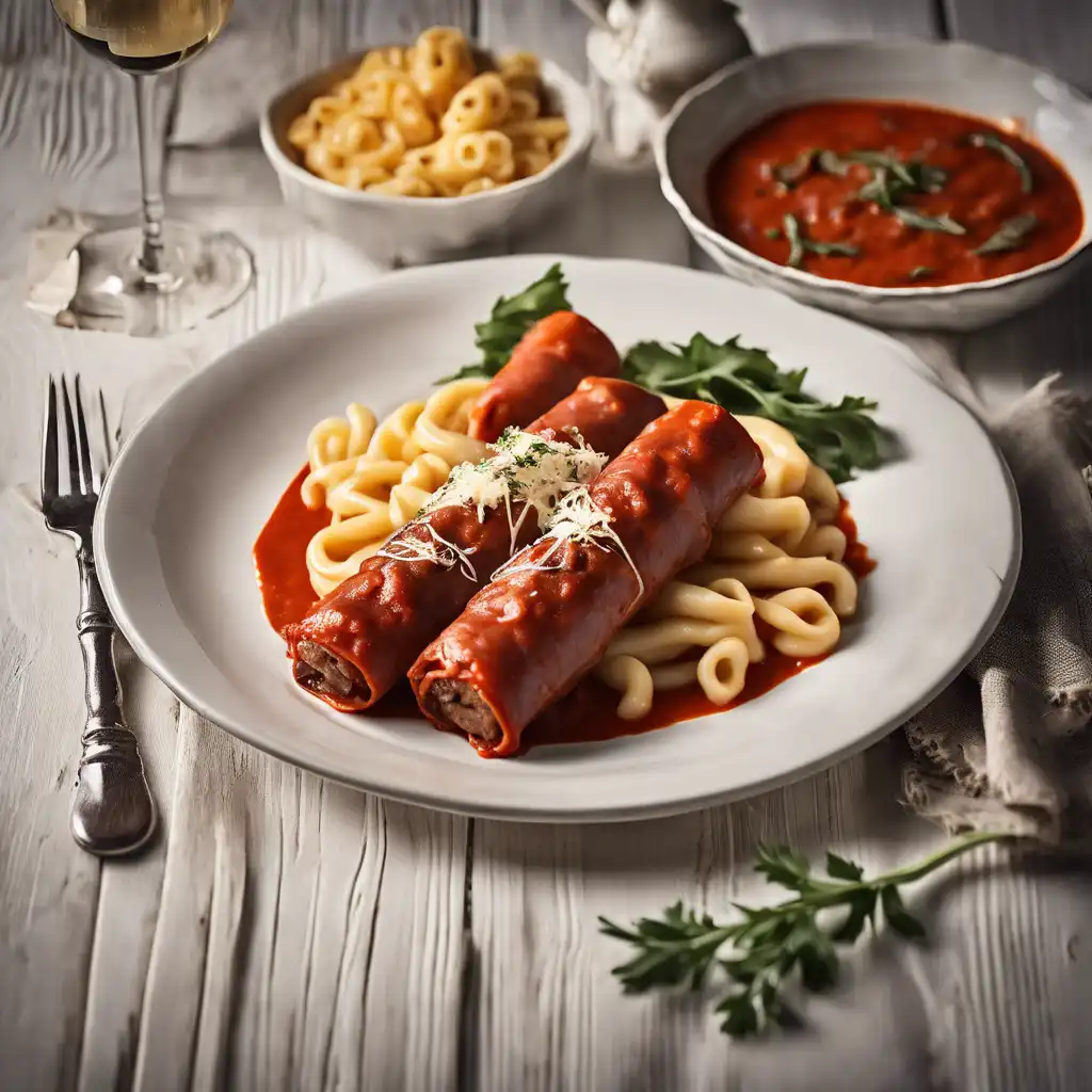 Ricotta Stuffed Beef Rolls with Tomato Sauce and Macaroni