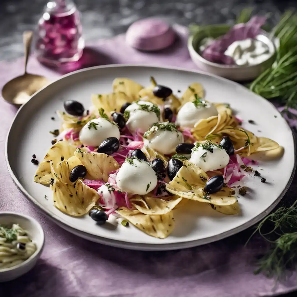 Black Olive Pesto Batata Chips with Herb Cream Pasta and Mozzarella Bites