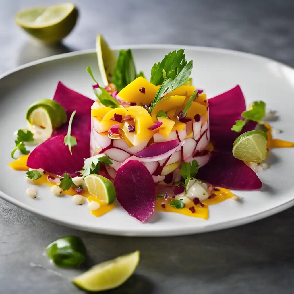 Sole and Beet Ceviche with Passion Fruit and Mango Vinaigrette