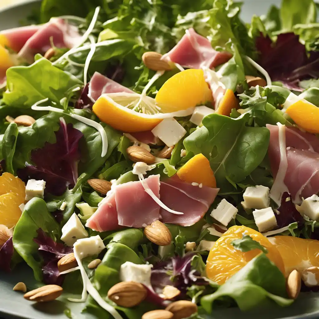 Green Leaf Salad with Parmesan Ham, Brie Cheese, Oranges, and Almonds