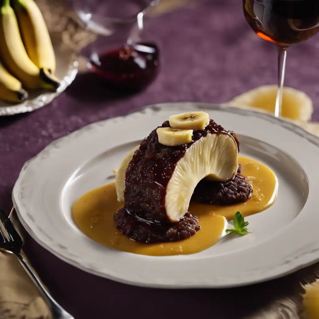 Tender with wine sauce, banana farofa, and banana slices