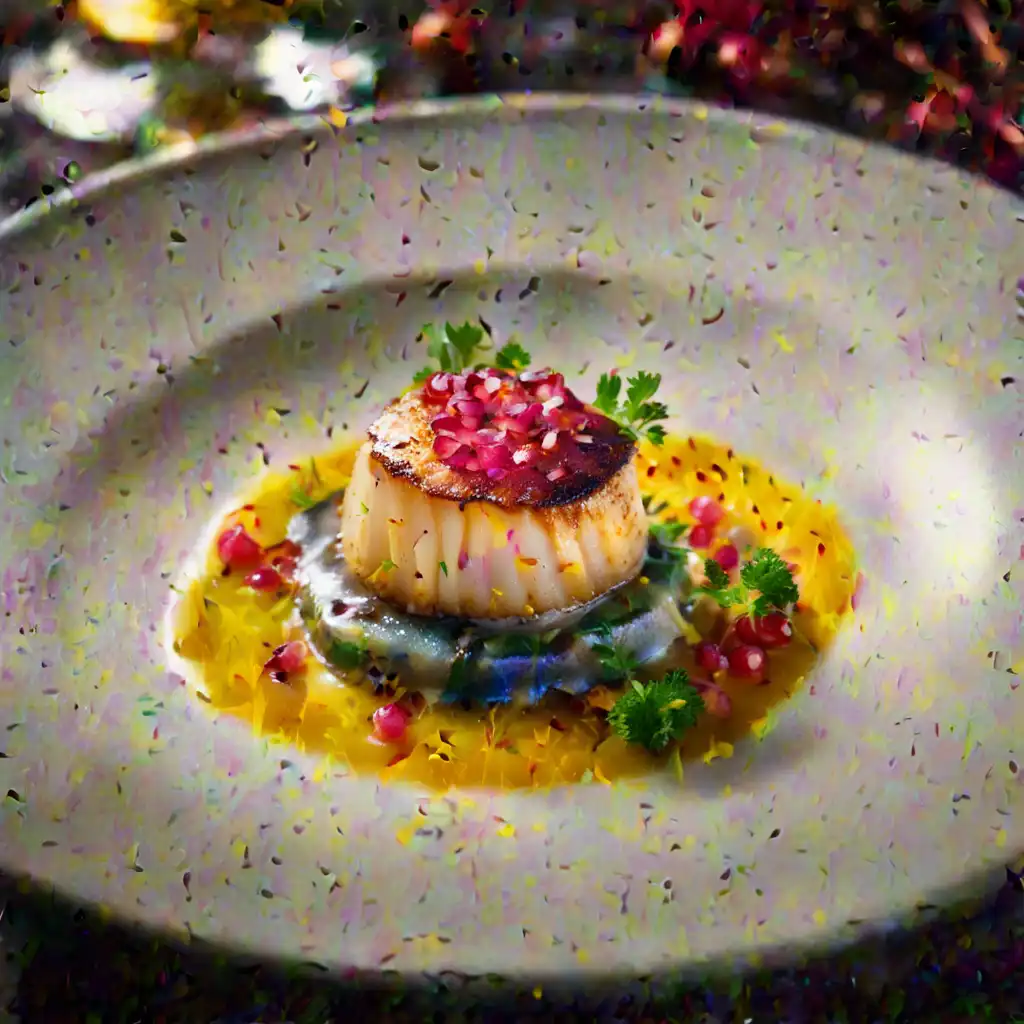 Flambéed Scallops with Abalone Puree and Pomegranate