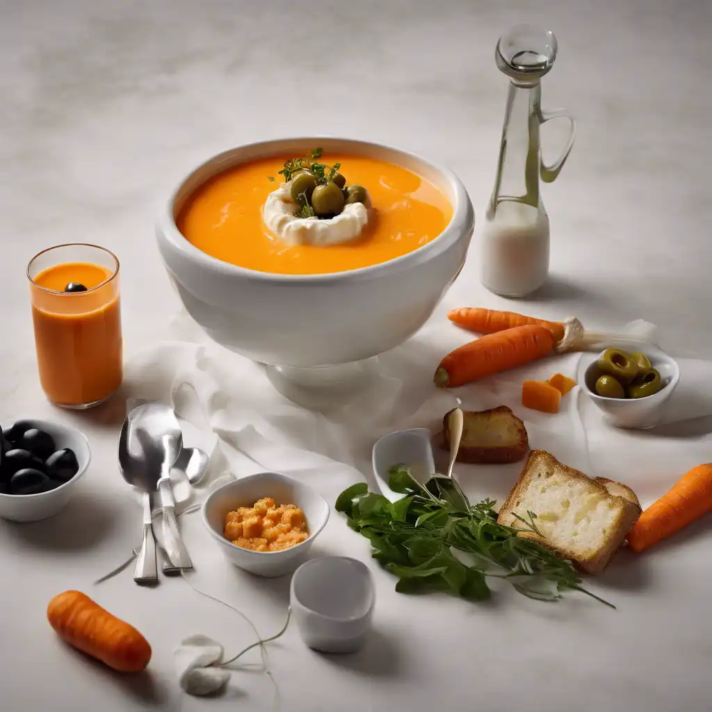 Carrot and Ginger Foam Soup with Garlic Croutons and Olives