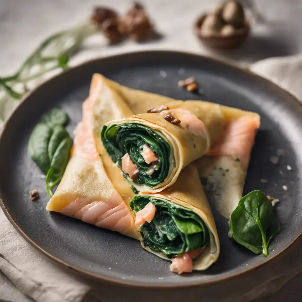 Spinach Crepe with Salmon and Shitake