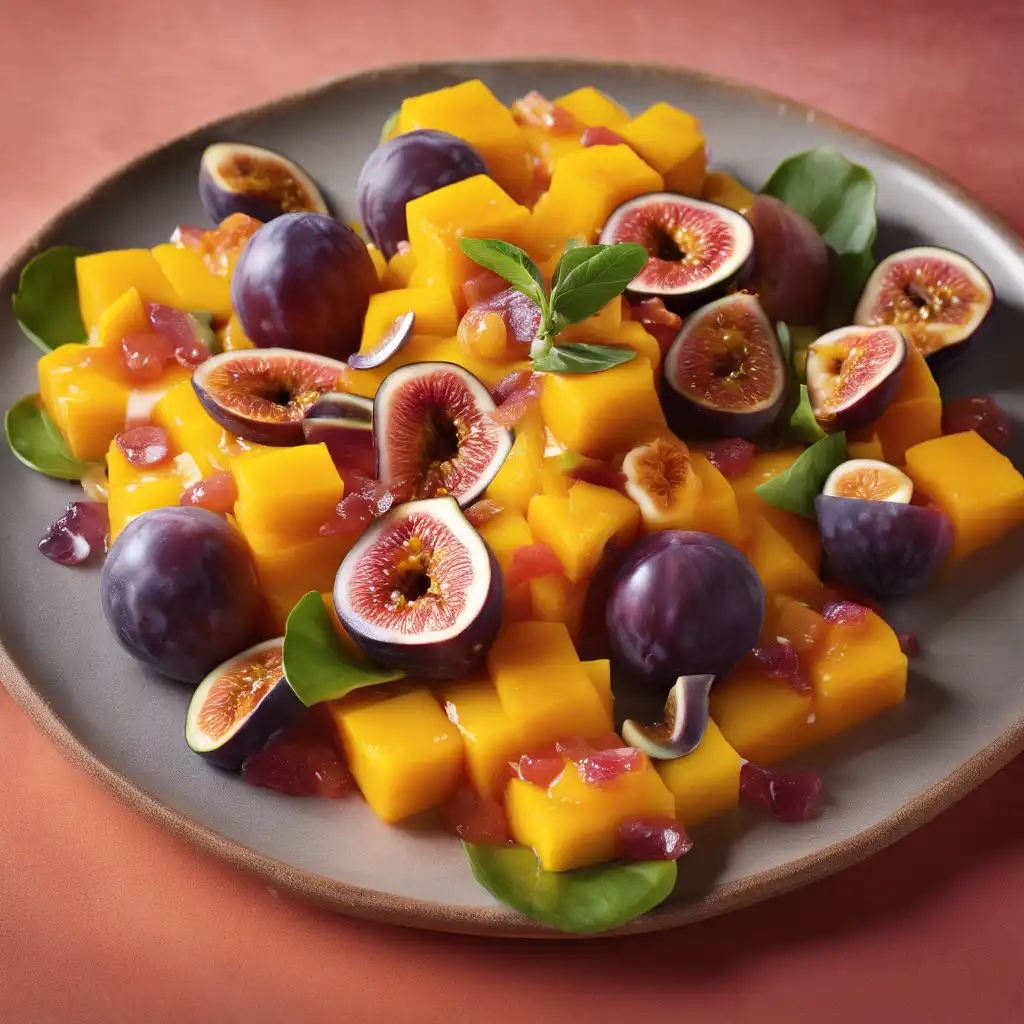 Orange, mango, fig, and plum salad with passionfruit sauce