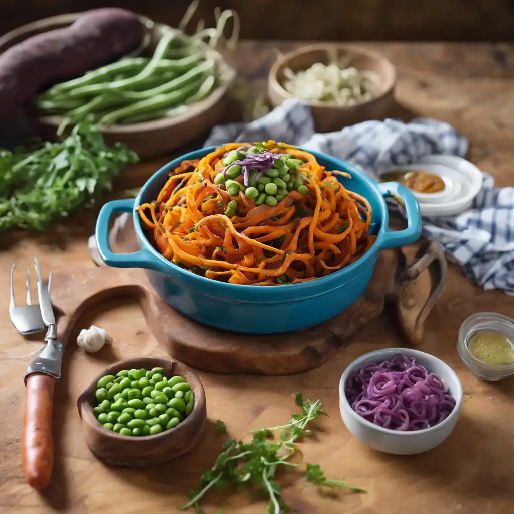 Spiralized Sweet Potato with Linguica and Fava Beans