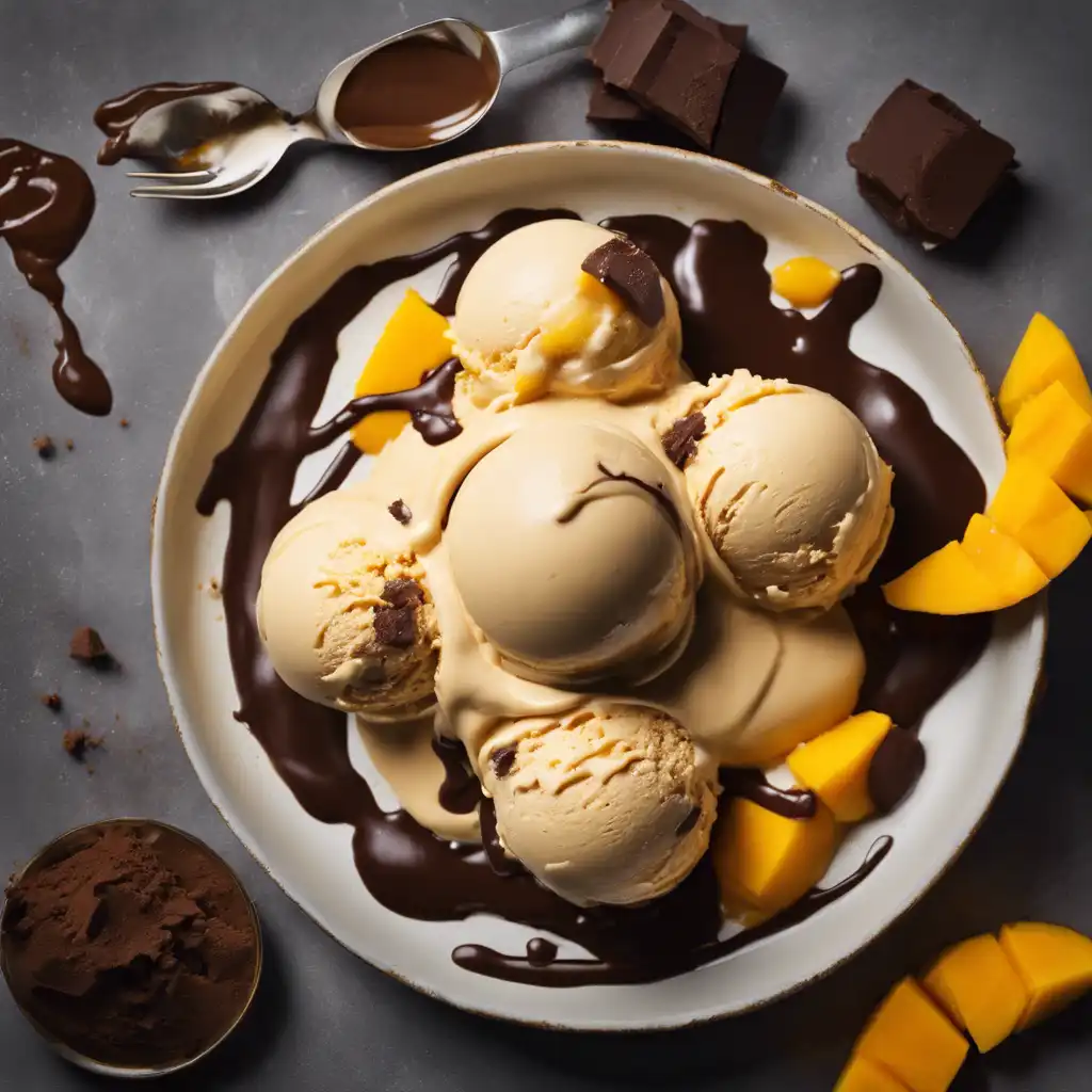 Ginger Ice Cream with Mango and Chocolate Sauce