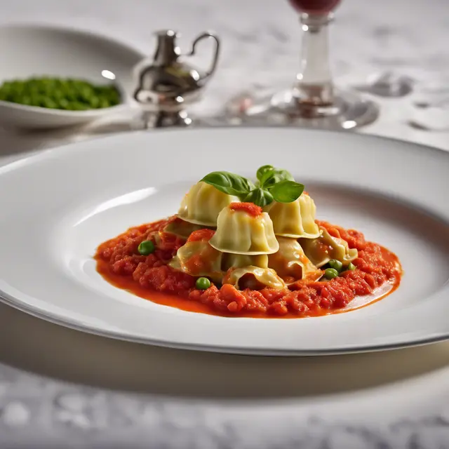 Foto de Pea and Tomato Ravioli with Red Pepper Coulis and Clam Ragù