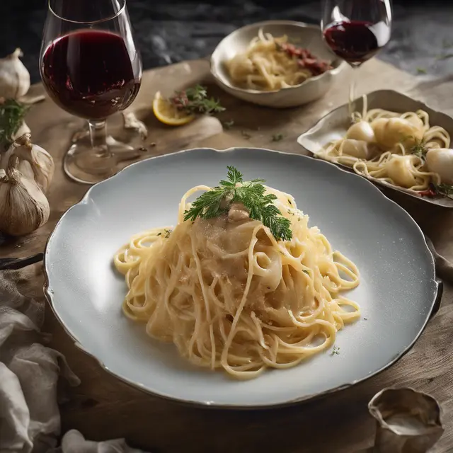 Foto de Spaghetti with Cod Ruffles in Garlic-Port Wine Emulsion