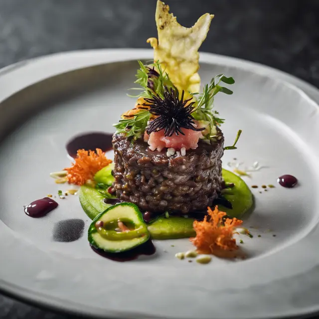 Foto de Grilled Beef Tartar with Black Bean Purée, Risotto, and Tempura