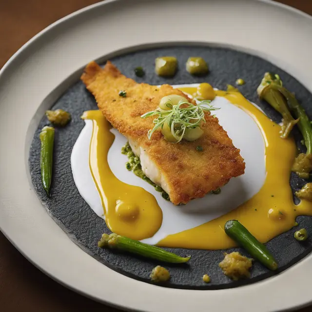 Foto de Golden Fried Fish with Yucca Purée and Okra Sauce