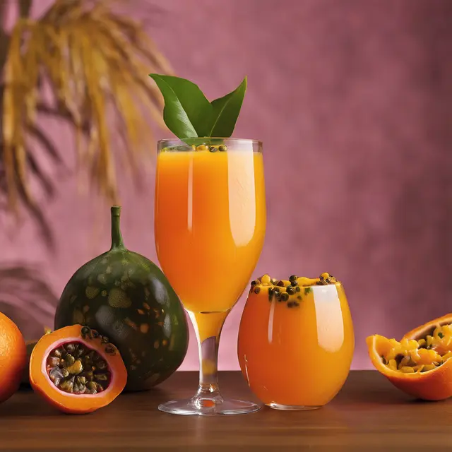 Foto de Tangerine and Passion Fruit Juice with Passion Fruit Leaf Garnish