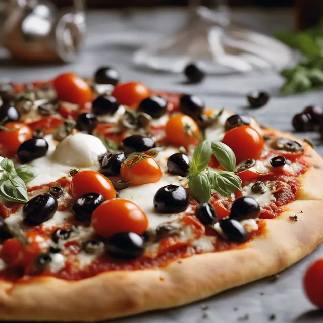 Foto de Black Olive and Buffalo Mozzarella Pizza with Tomatoes