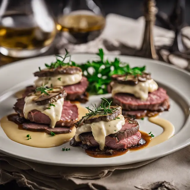 Foto de Pastrami and Latke Medalion with Shiitake Mushroom Cream Sauce (Potato Cakes)