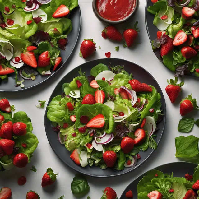 Foto de Green Salad with Ripe Strawberries in Lemon Vinaigrette