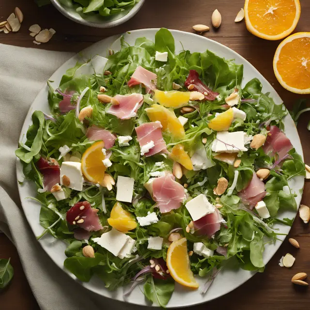 Foto de Green Leaf Salad with Parmesan Ham, Brie Cheese, Oranges, and Almonds