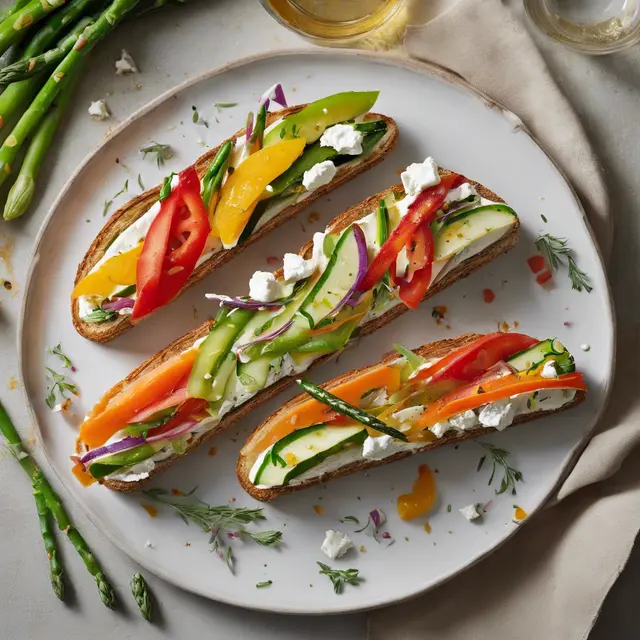 Foto de Goat Cheese Tartine with Crispy Vegetables and Tomato Vinaigrette