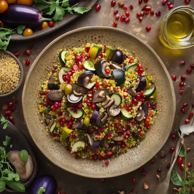 Foto de Moroccan Couscous Salad with Herb Oil, Marinated Tomatoes and Zucchini, Confit Eggplant, Mushroom, and Pomegranate